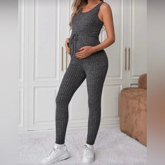 Maternity Ribbed Knit Jumpsuit with Matching Cardigan - Picture 3 of 5